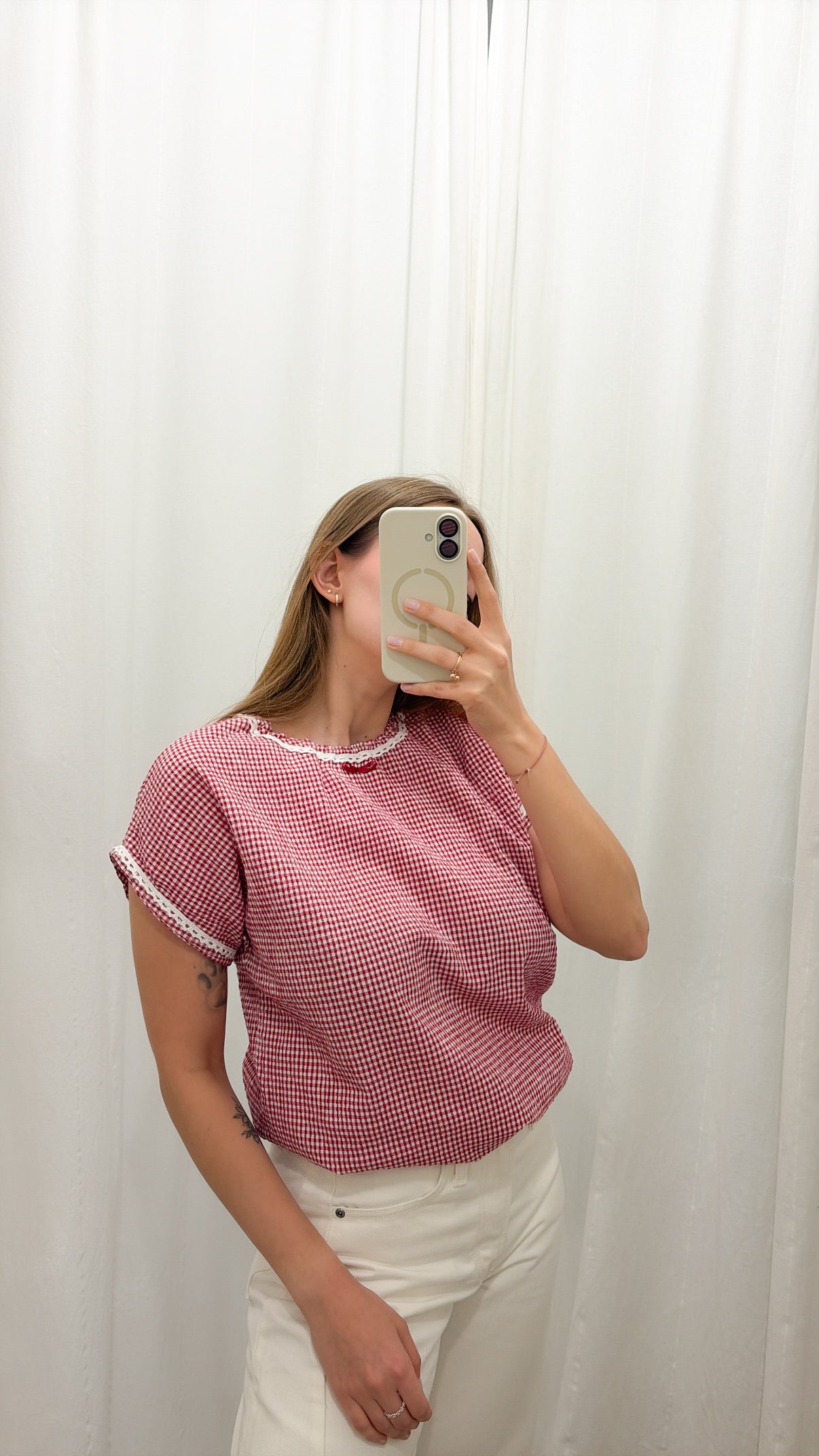 Vintage urocza bluzka w kratkę z haftem| S/L