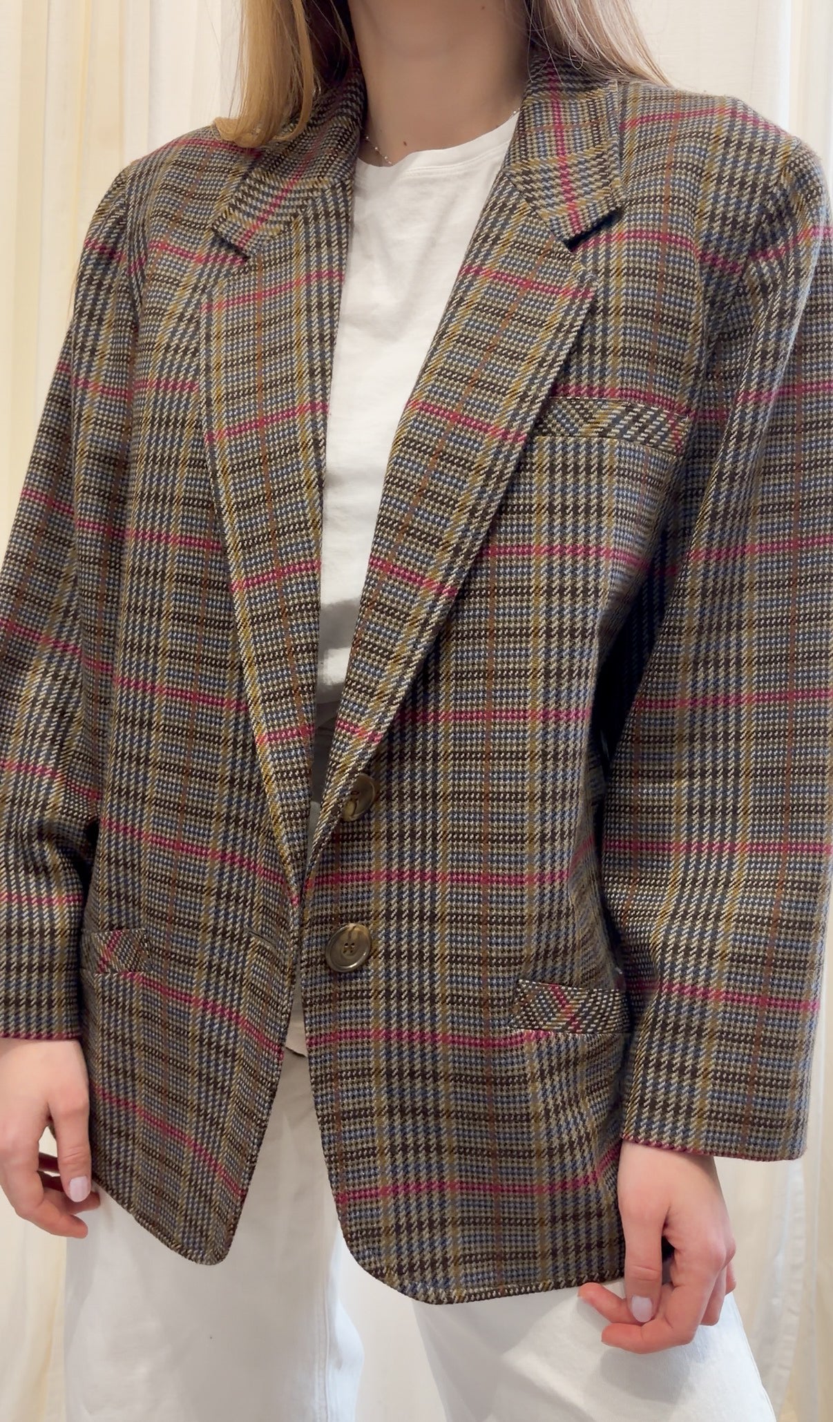 WOOLMARK Marynarka ze 100% wełny w kratę z kolorem | L-XL