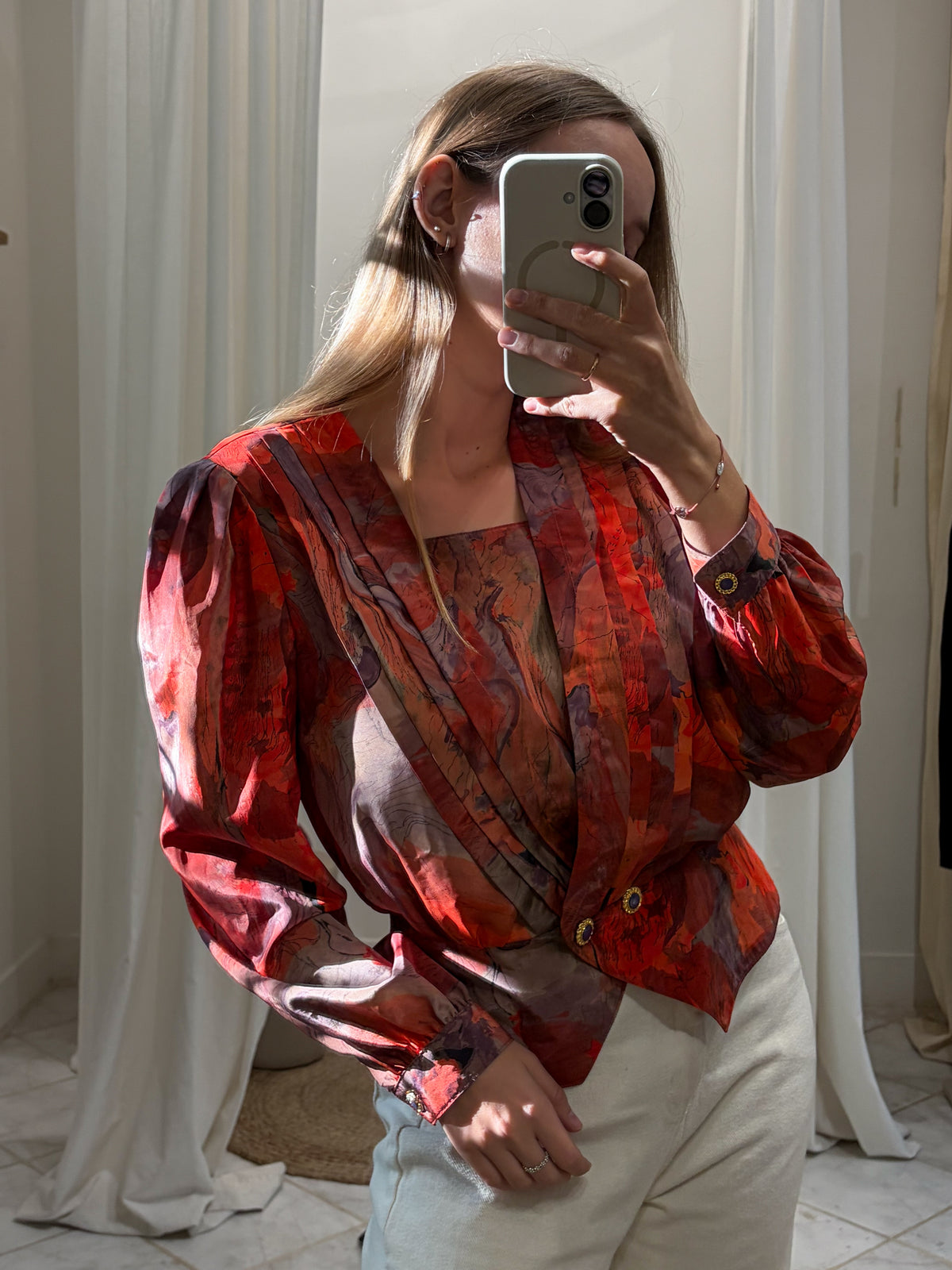 Vintage taliowane bluzka w abstrakcyjne wzory S/M