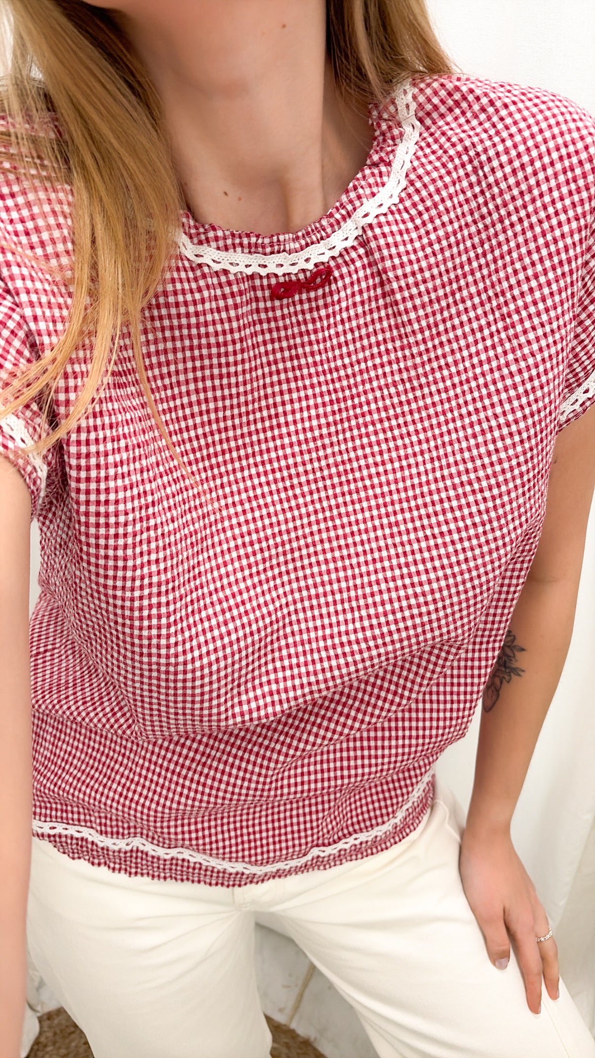 Vintage urocza bluzka w kratkę z haftem| S/L
