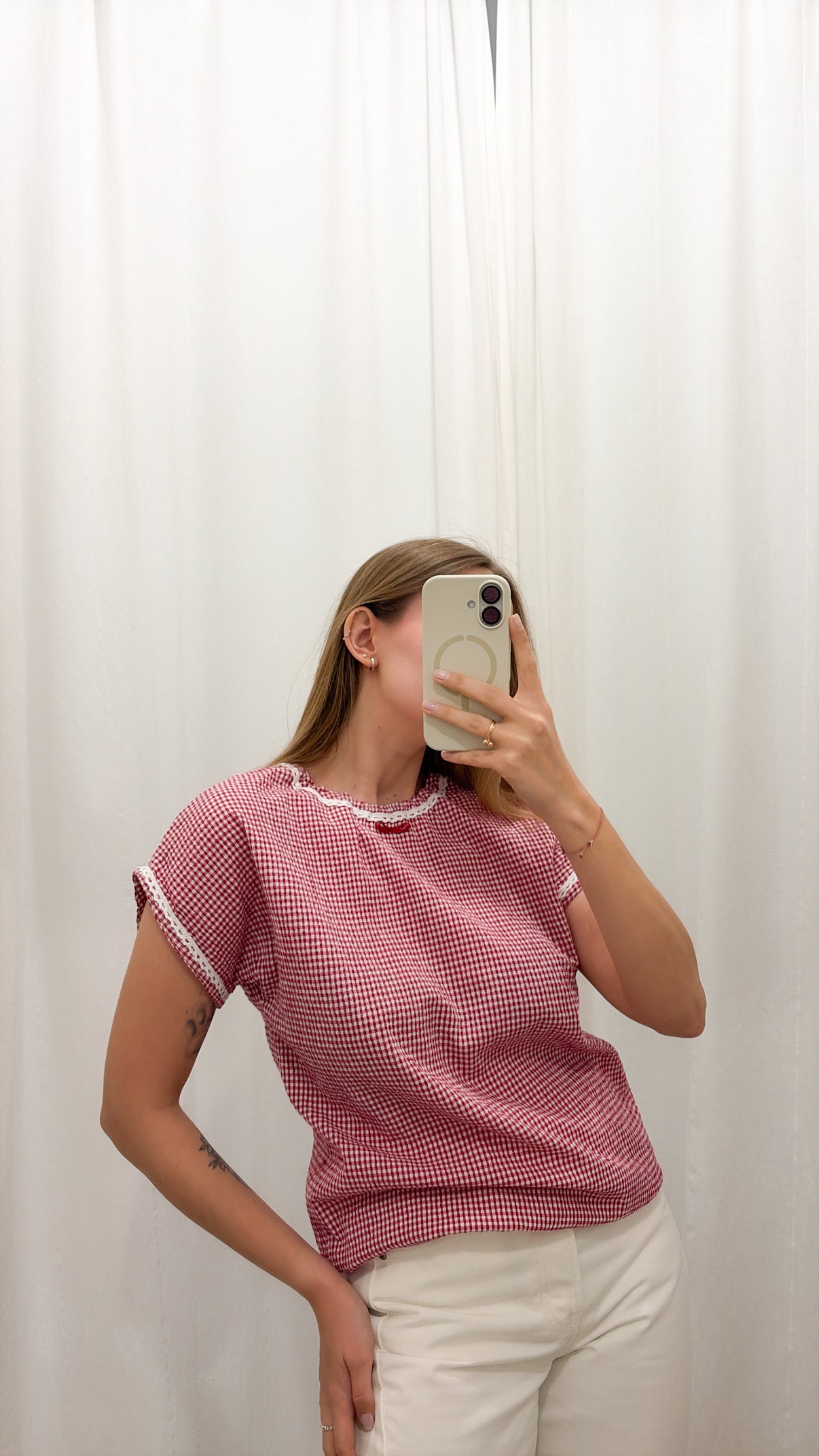 Vintage urocza bluzka w kratkę z haftem| S/L