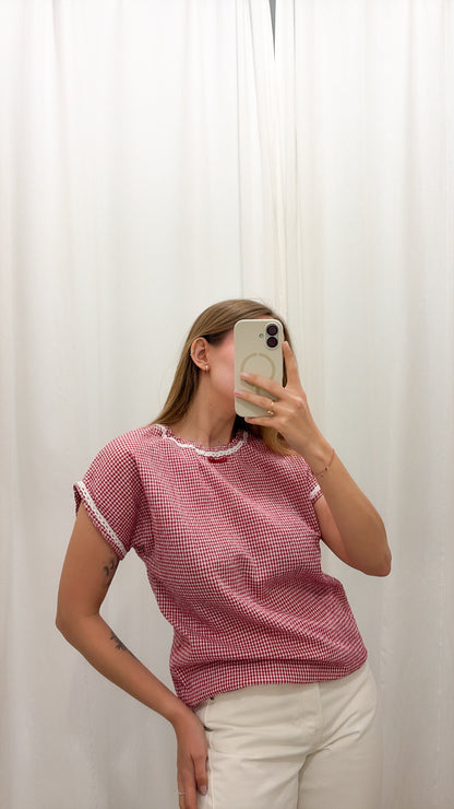 Vintage urocza bluzka w kratkę z haftem| S/L