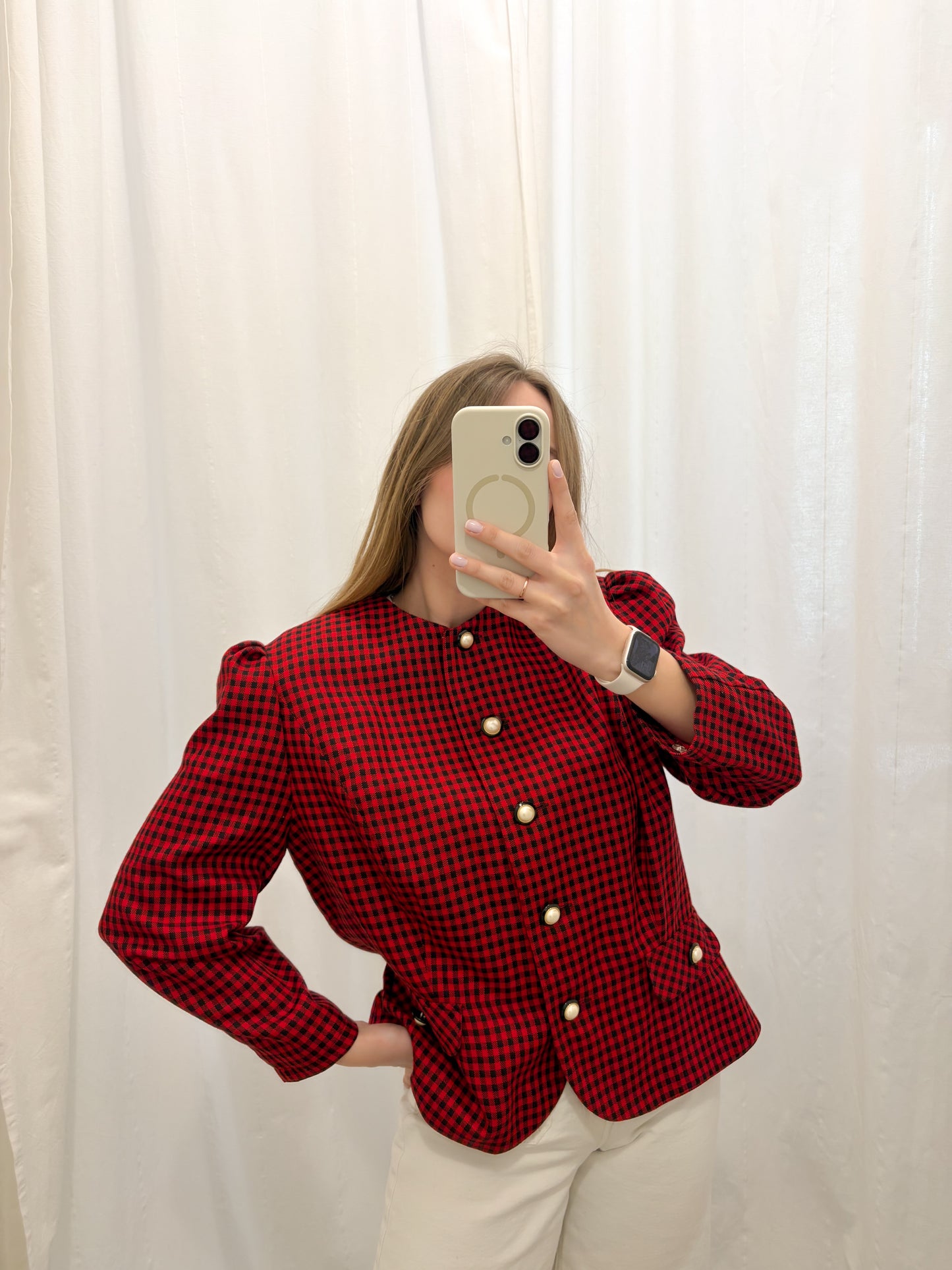Żakiet vintage w czerwono czarną kratę z ozdobnymi guzikami | L-XL
