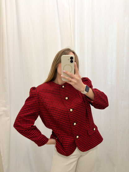 Żakiet vintage w czerwono czarną kratę z ozdobnymi guzikami | L-XL