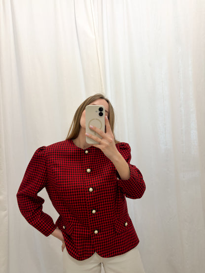 Żakiet vintage w czerwono czarną kratę z ozdobnymi guzikami | L-XL