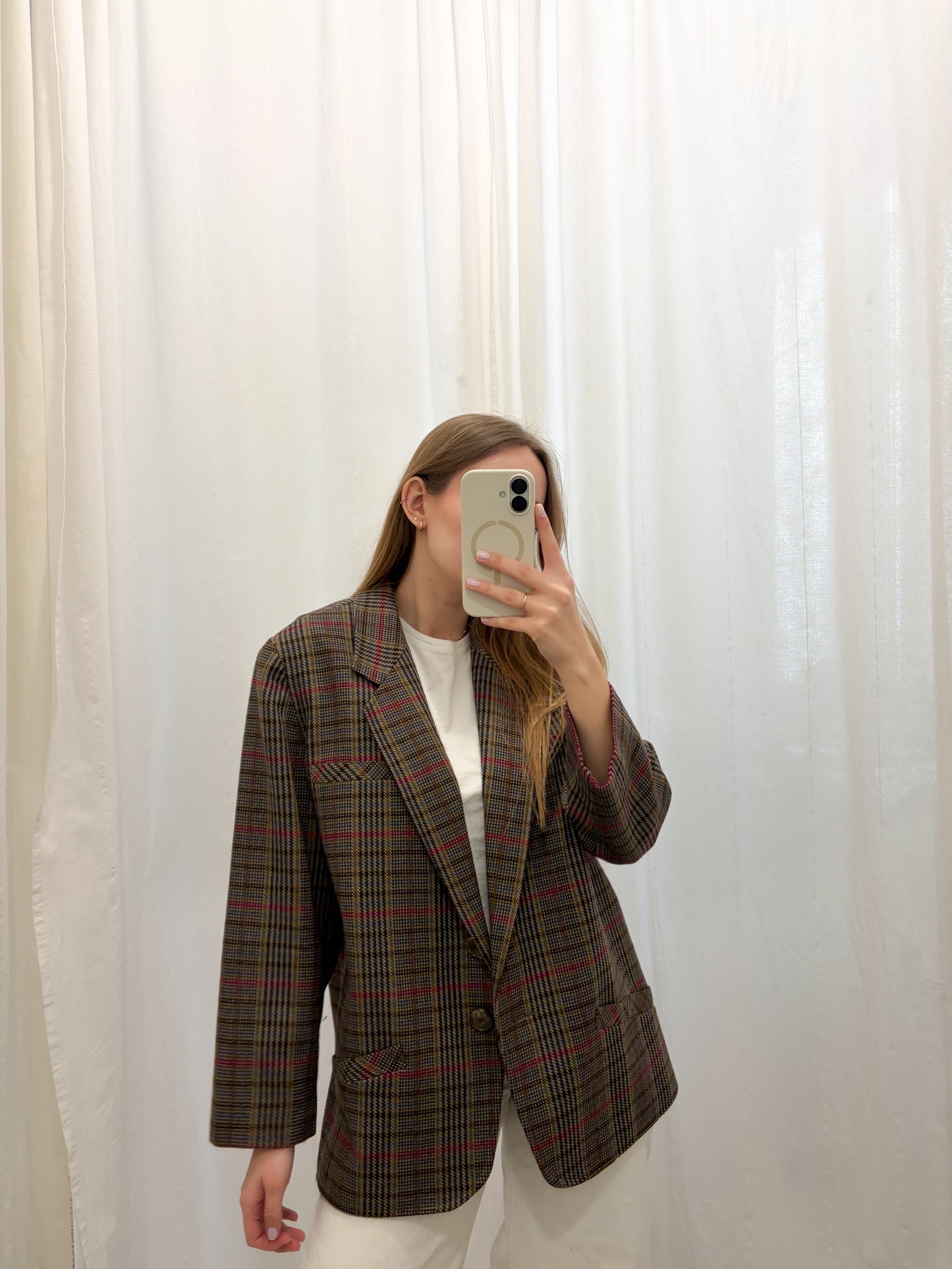 WOOLMARK Marynarka ze 100% wełny w kratę z kolorem | L-XL