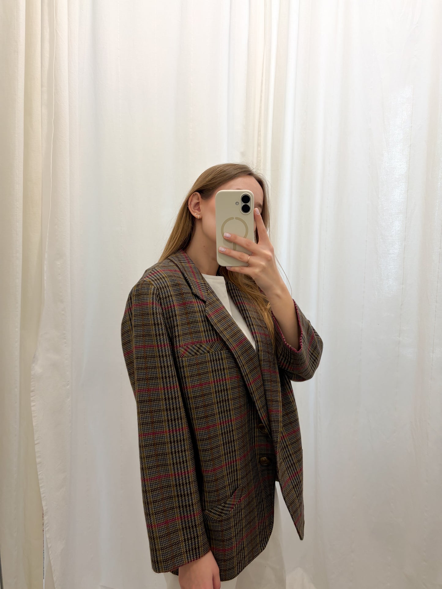 WOOLMARK Marynarka ze 100% wełny w kratę z kolorem | L-XL