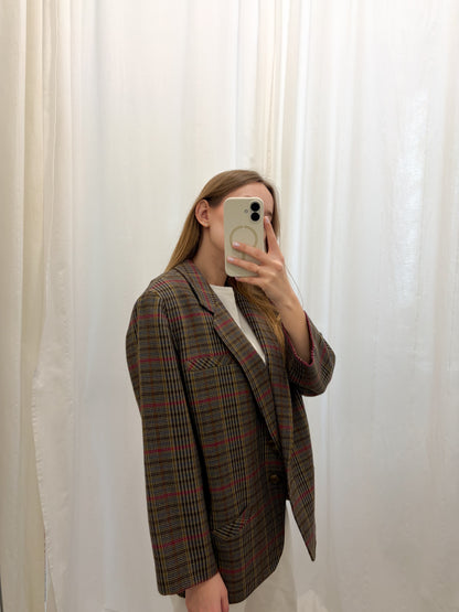 WOOLMARK Marynarka ze 100% wełny w kratę z kolorem | L-XL