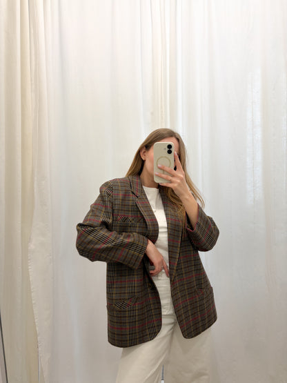 WOOLMARK Marynarka ze 100% wełny w kratę z kolorem | L-XL