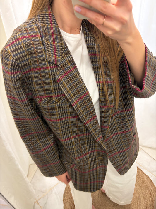 Marynarka vintage w kratę z akcentem różu i błękitu | Woolmark | L-XXL