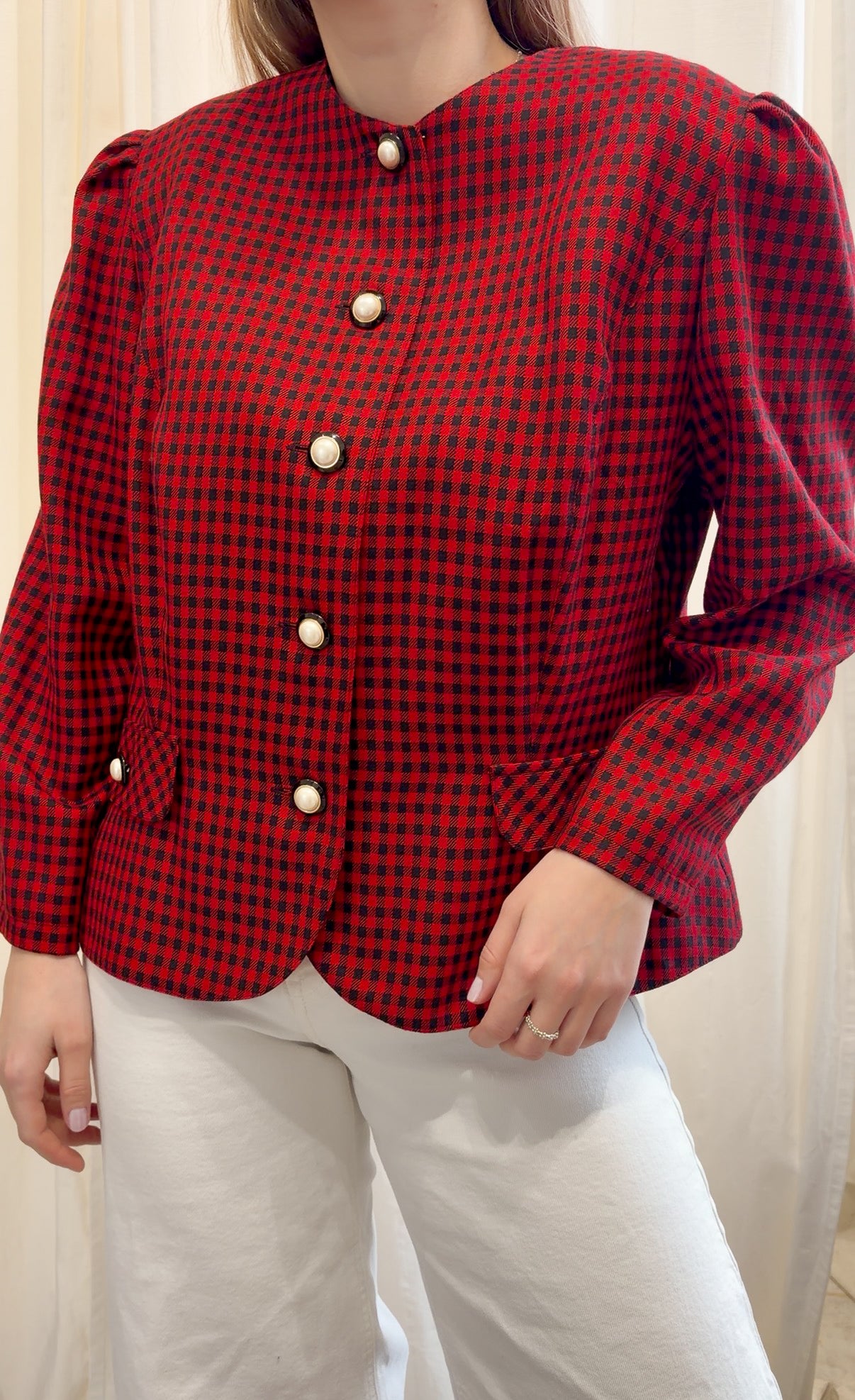 Żakiet vintage w czerwono czarną kratę z ozdobnymi guzikami | L-XL