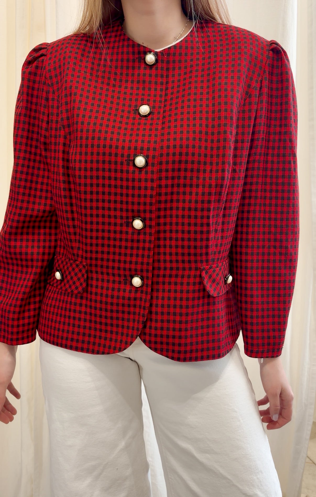 Żakiet vintage w czerwono czarną kratę z ozdobnymi guzikami | L-XL