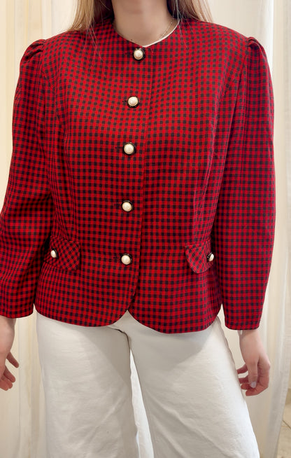 Żakiet vintage w czerwono czarną kratę z ozdobnymi guzikami | L-XL