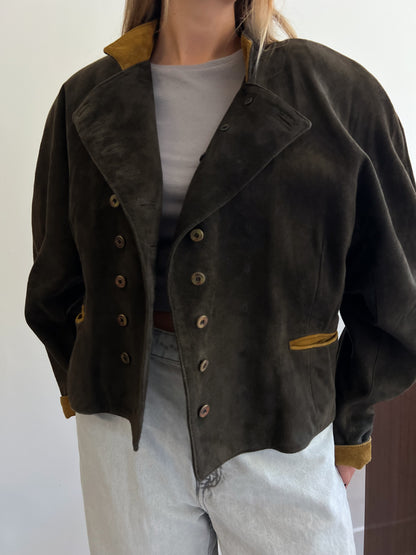 Vintage zamszowa kurtka z zarysowaniem lini ramion | M/L