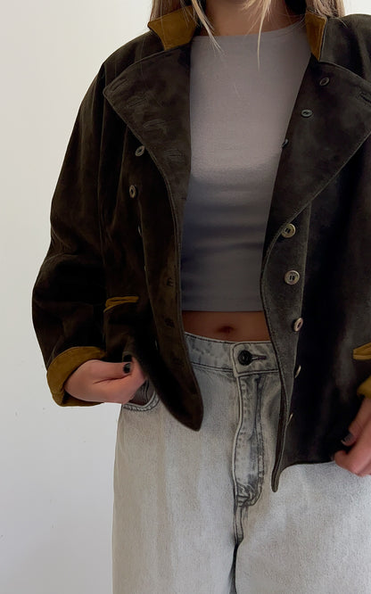 Vintage zamszowa kurtka z zarysowaniem lini ramion | M/L