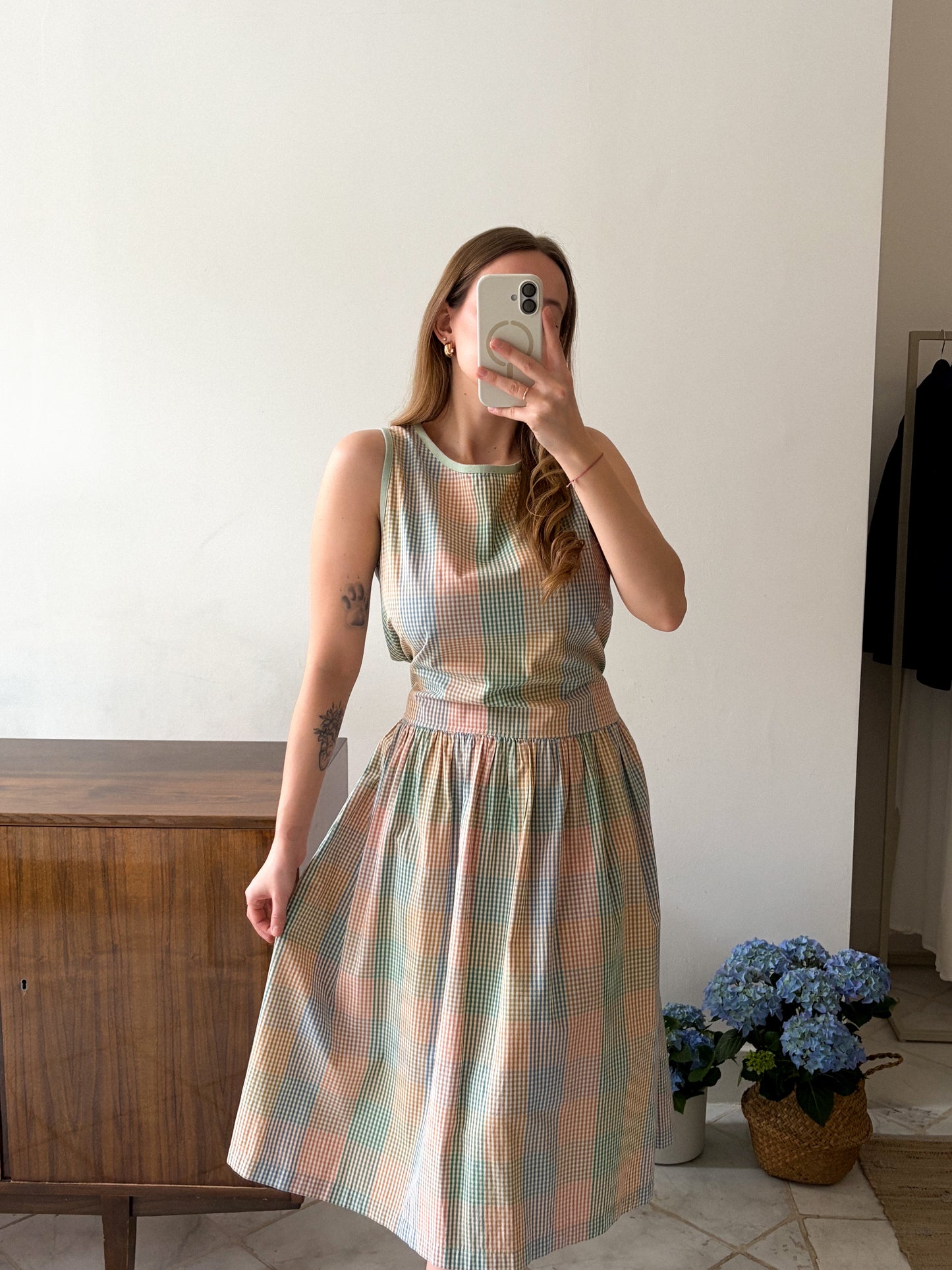 Sukienka vintage w pastelową kratę z wiązaniem | M-L