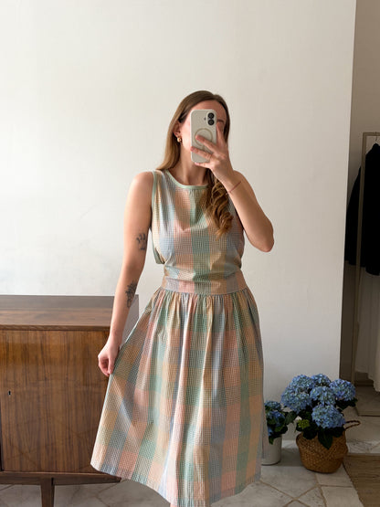 Sukienka vintage w pastelową kratę z wiązaniem | M-L