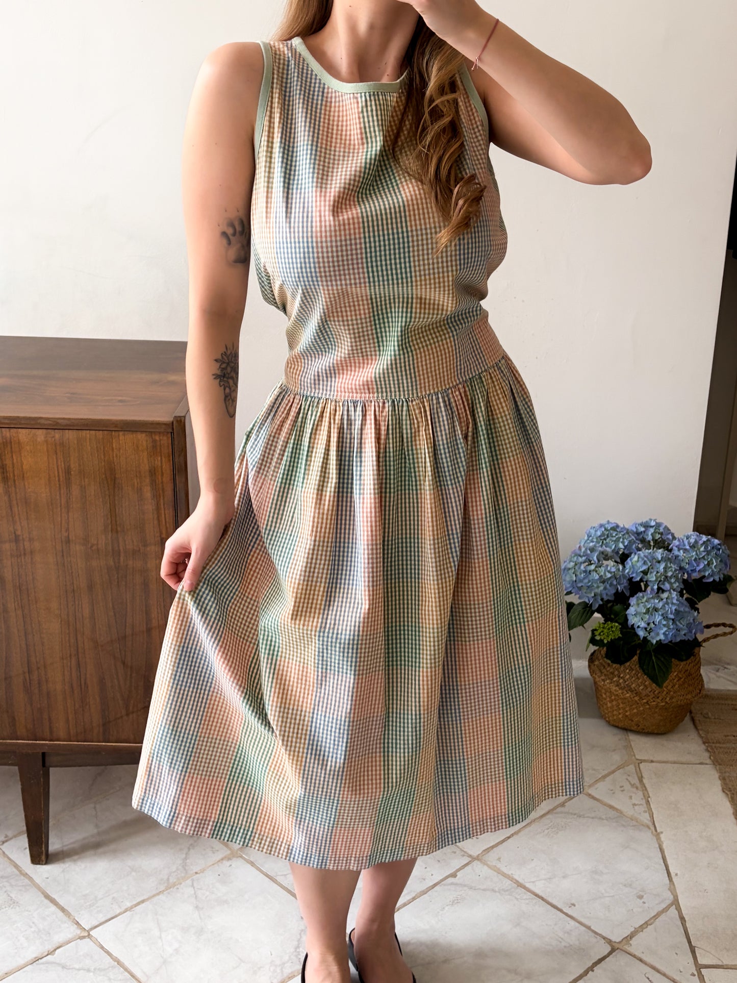 Sukienka vintage w pastelową kratę z wiązaniem | M-L