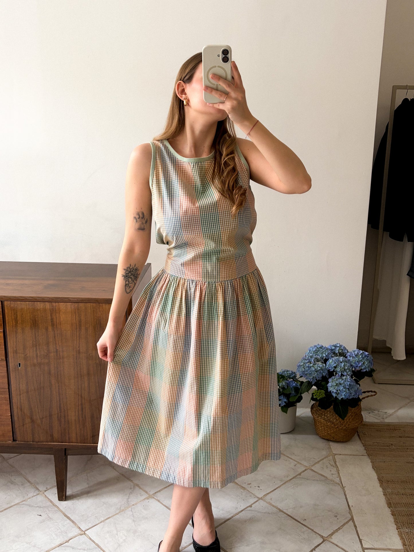 Sukienka vintage w pastelową kratę z wiązaniem | M-L