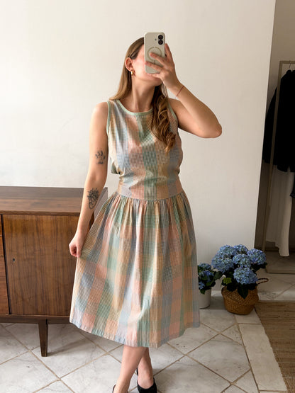 Sukienka vintage w pastelową kratę z wiązaniem | M-L