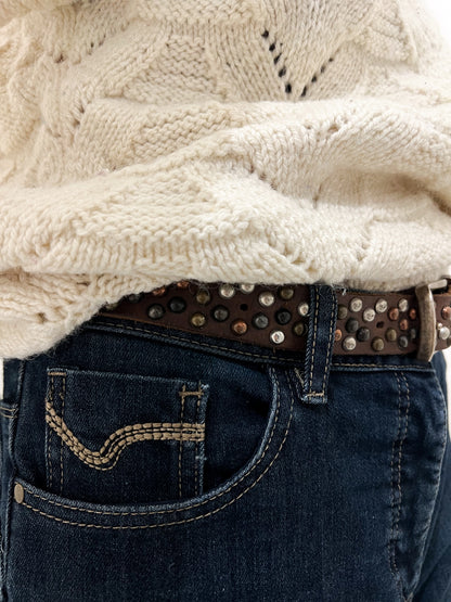 Masywny brązowy pasek z ćwiekami | skóra naturalna | small