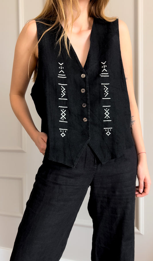 Kamizelka vintage z haftem | len