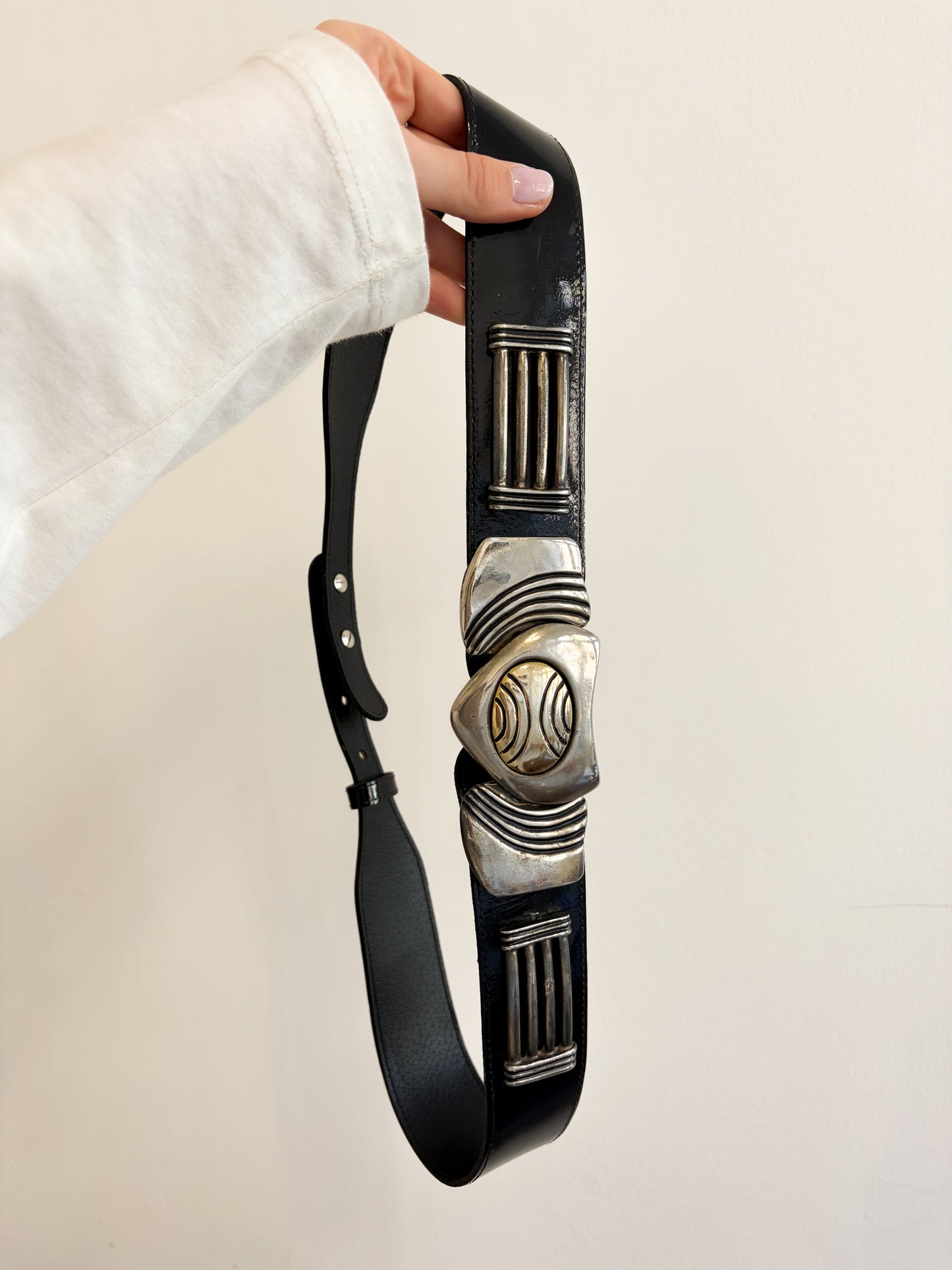Pasek z dużą metalową klamrą skóra z połyskiem | MEDIUM 85 cm