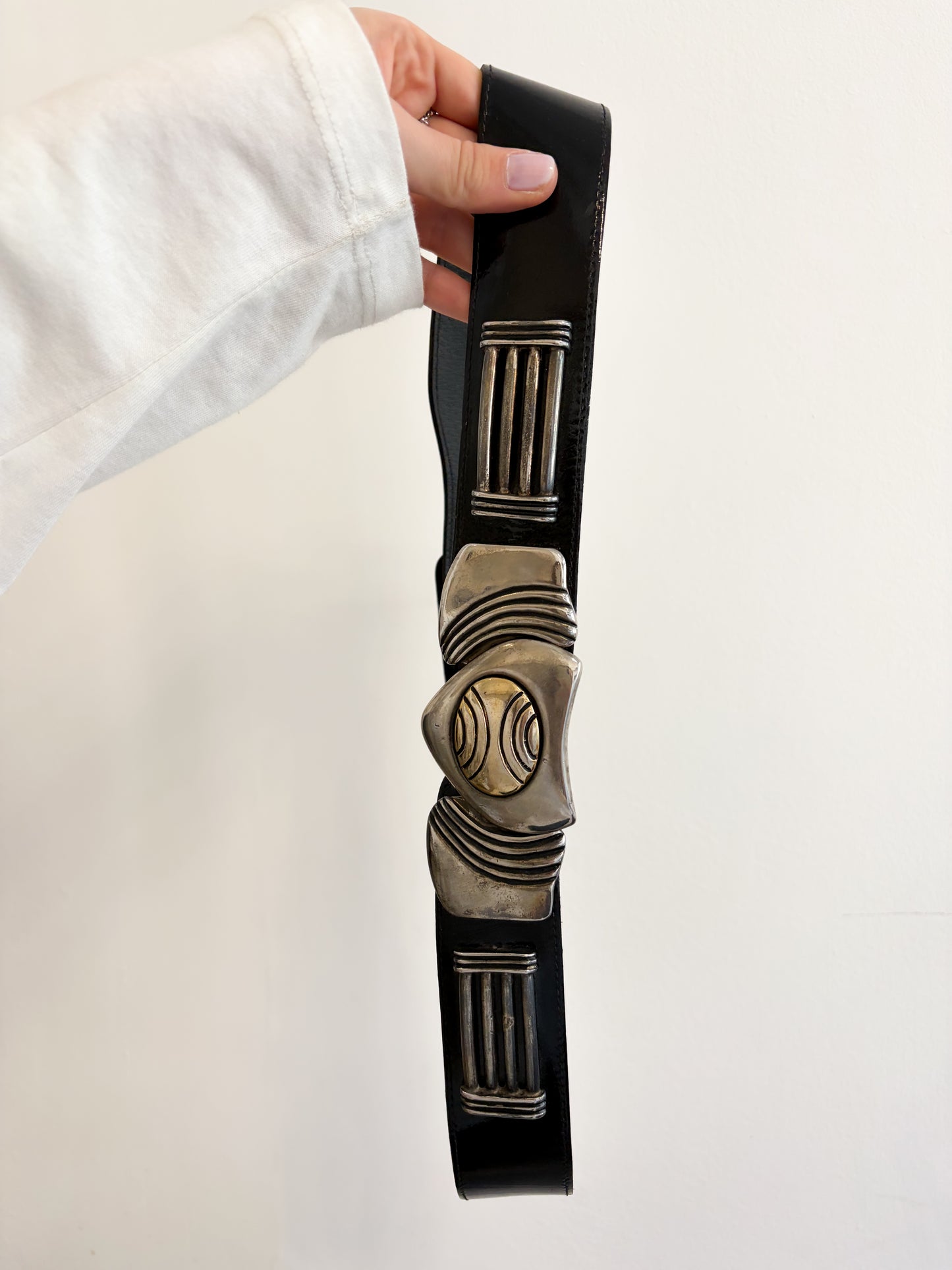 Pasek z dużą metalową klamrą skóra z połyskiem | MEDIUM 85 cm