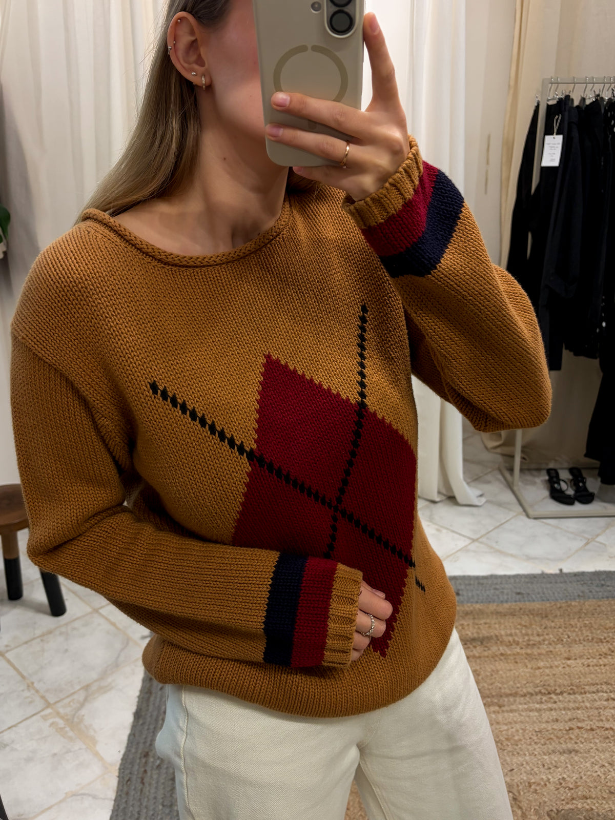 Bawełniany masywny sweter w romby S-L