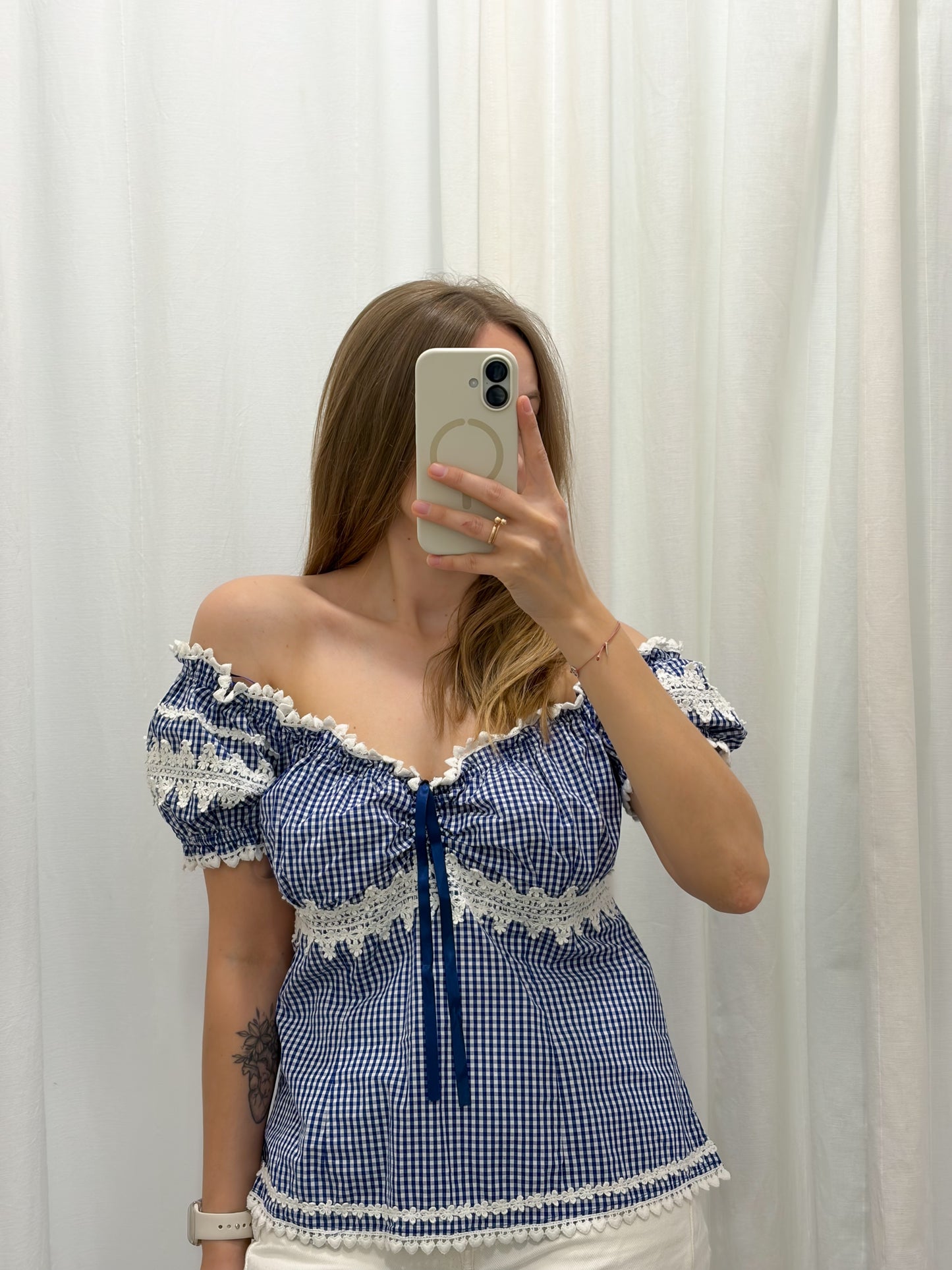 Romantyczna bawełniana bluzka w kratkę | S-M